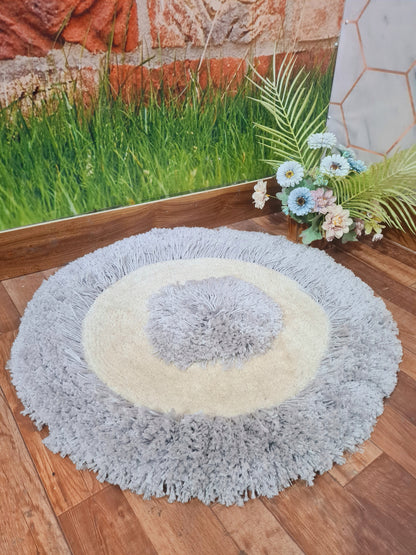 Shaggy Round Carpet- Grey & White