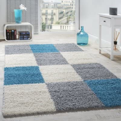 Handwoven  Shag Collection Super Soft Microfiber Silk Touch Rugs/ Ivory, Grey with Aqua