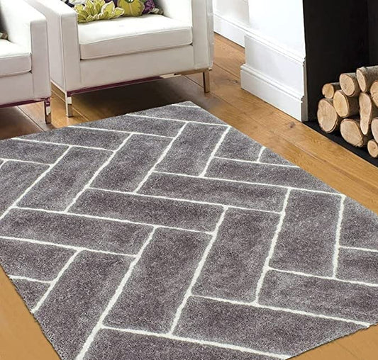 Grey & White Hand Tufted Modern Floor Shaggy Rug.