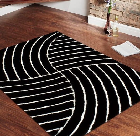 Black & White Geometric 3D Carved Design Super Soft Modern Hand Tufted Floor Rug