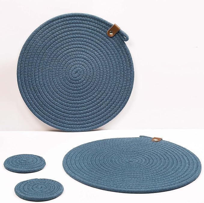 Kashyapa Rugs Collection-Cotton Handcraft Tropical Round Placemat & Coaster (35X35 cm, Dark Blue) -Set of 6 pc with Coaster