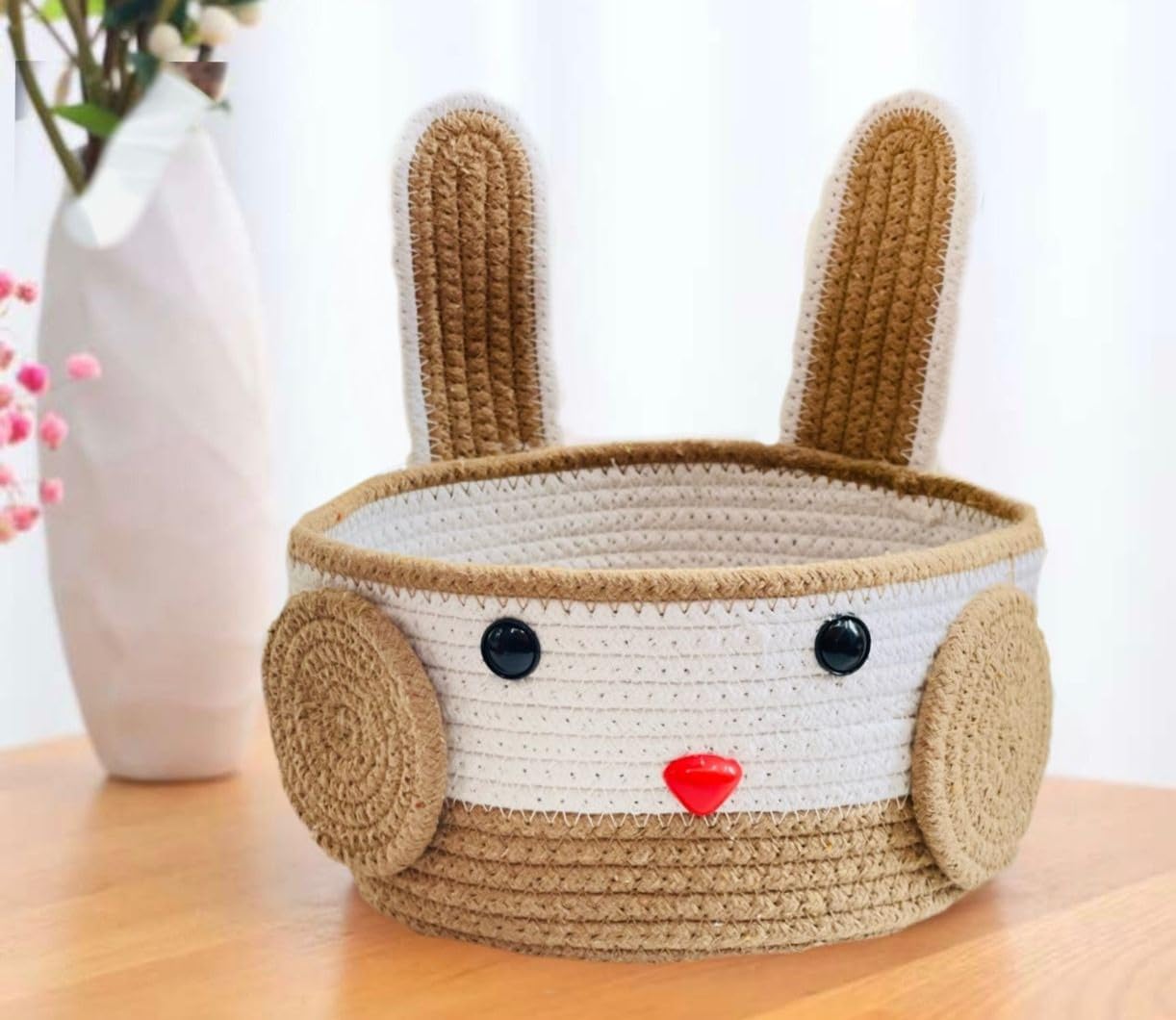 Kashyapa Rugs Collection - Cute Katty Woven Cotton Rope Storage Basket, Laundry Basket Organizer for Toys, Blanket, Clothes, Towels, Gifts | Pet Gift Basket for Cat, Dog - Beige
