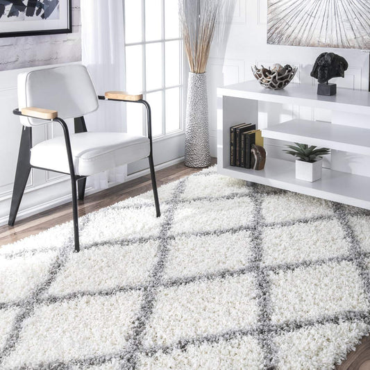 Handmade tufted Microfiber Living Room Soft Carpet. Color- Ivory With Grey Line