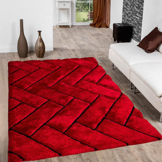 Red 3D Black Lines Modern Shaggy Rug.