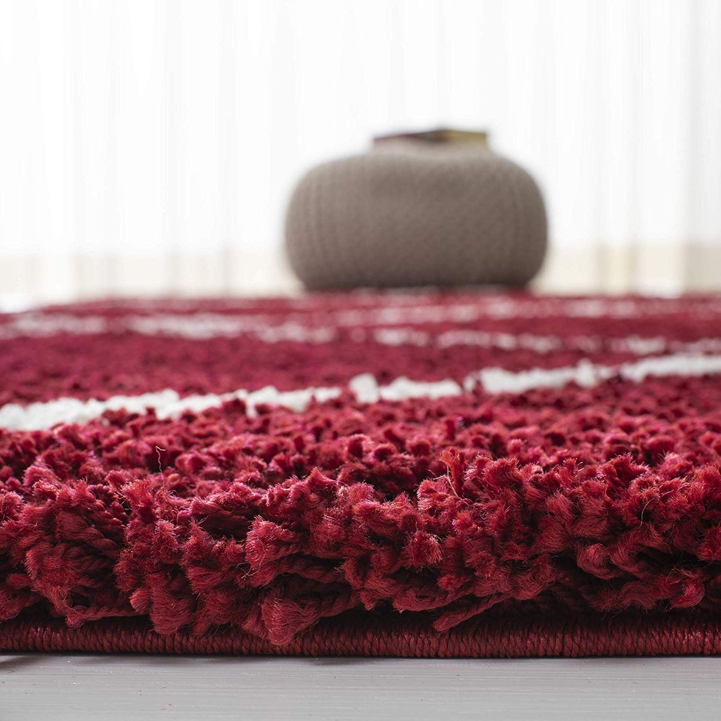 Diamond Shaggy Rug for Bedroom Red with Ivory Lines/ Microfiber Hand tufted Carpet