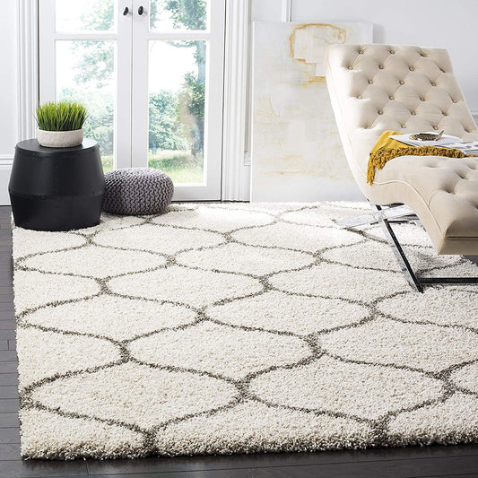 Ivory With Grey lining Moroccan Super Soft Microfiber Fluffy Rug.