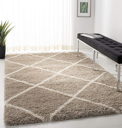 Diamond Shaggy Rug for Bedroom Ivory with Beige/ Microfiber Hand tufted Carpet