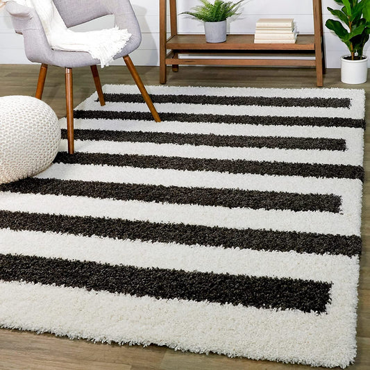 Handmade Microfiber Carpet for Living Room Bedroom Hall & Home - Black & Ivory