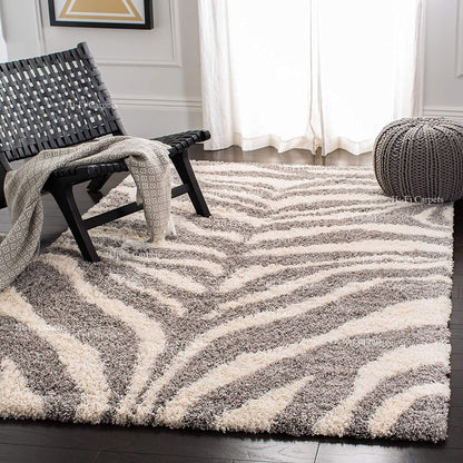 Ivory With Grey Zebra Design Soft Microfiber Fluffy Rug.