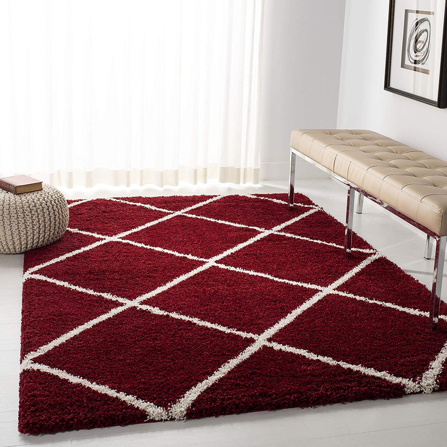 Diamond Shaggy Rug for Bedroom Red with Ivory Lines/ Microfiber Hand tufted Carpet