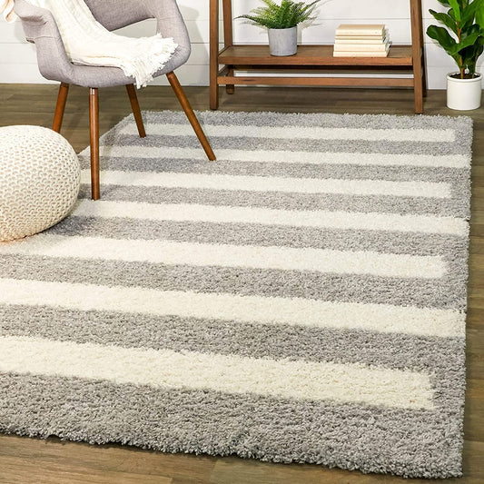 Ivory With Grey Shaggy Rug For Soft touch Microfiber Hand tufted Carpet