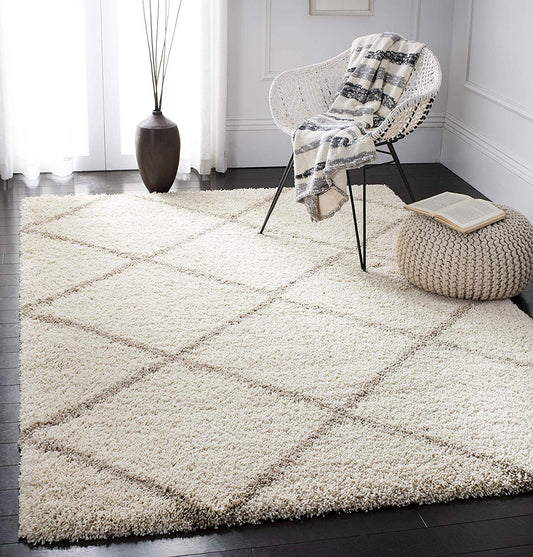 Diamond Shaggy Design Rug Ivory with Beige Lines Microfiber Hand tufted Carpet.