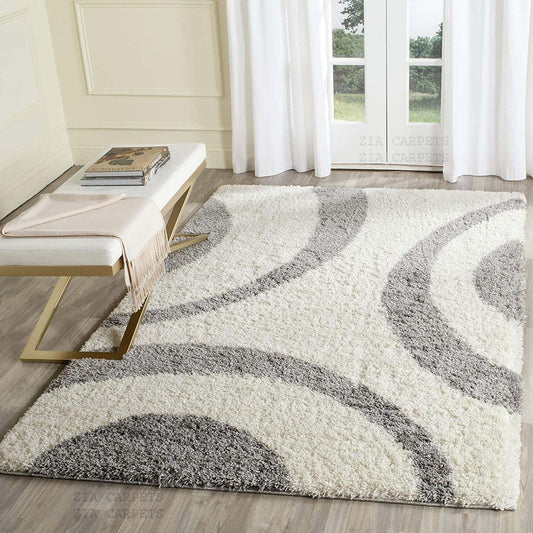 Ivory With Grey Shaggy Rug For Soft touch Microfiber Hand tufted Carpet