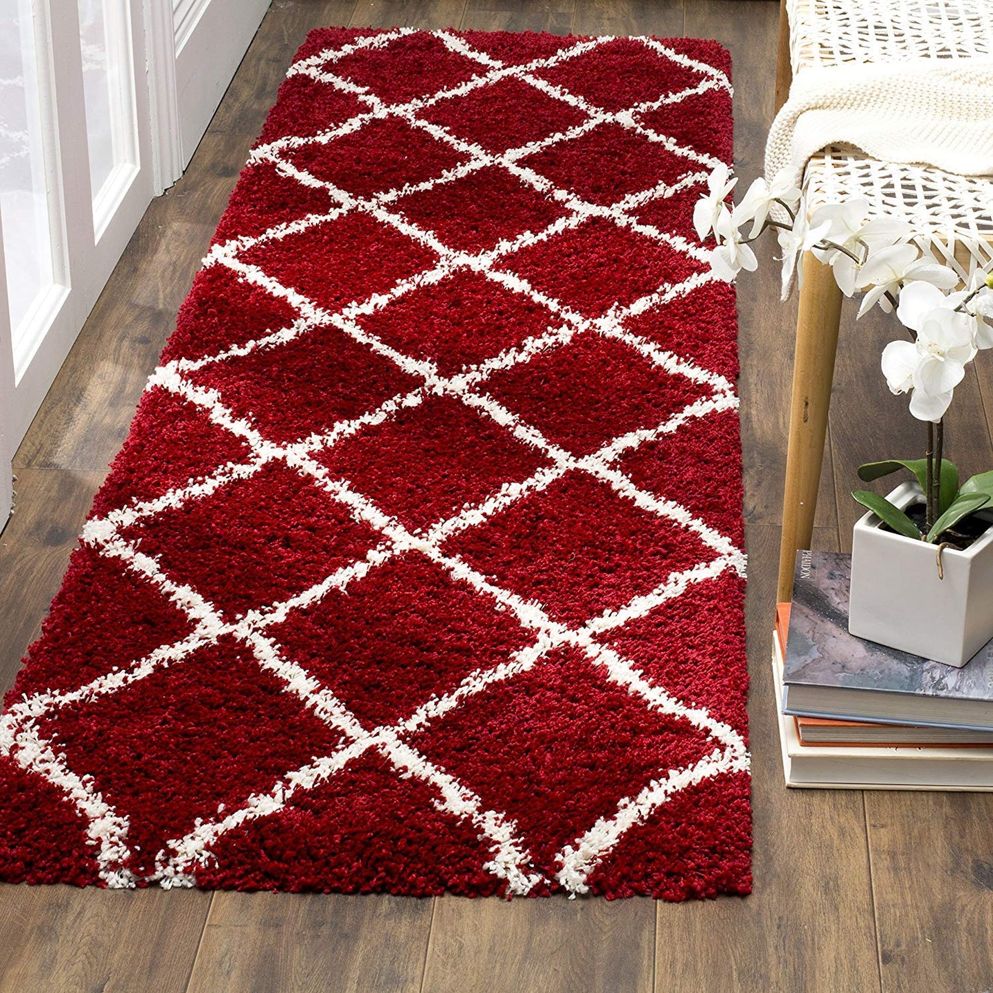 Diamond Shaggy Rug for Bedroom Red with Ivory Lines/ Microfiber Hand tufted Carpet