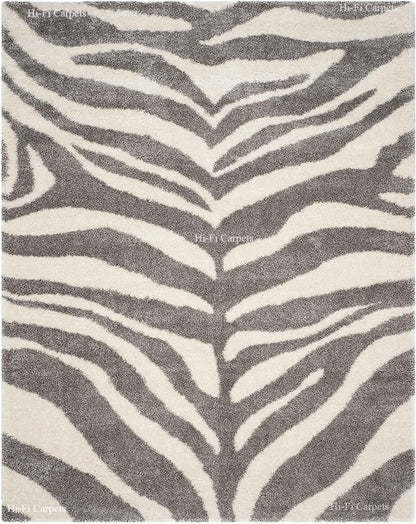 Ivory With Grey Zebra Design Soft Microfiber Fluffy Rug.