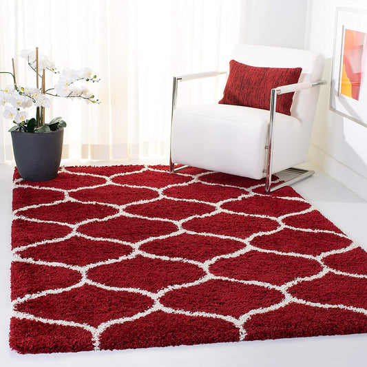 Red & White Tufted Moroccan Design Living Room Carpet