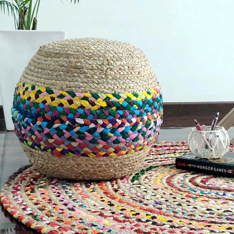 Braided Multi Chindi Jute Pouf.