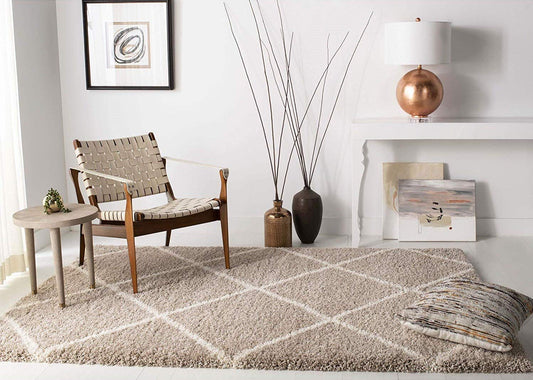 Ivory with Beige Colour Diamond Shaggy Rug