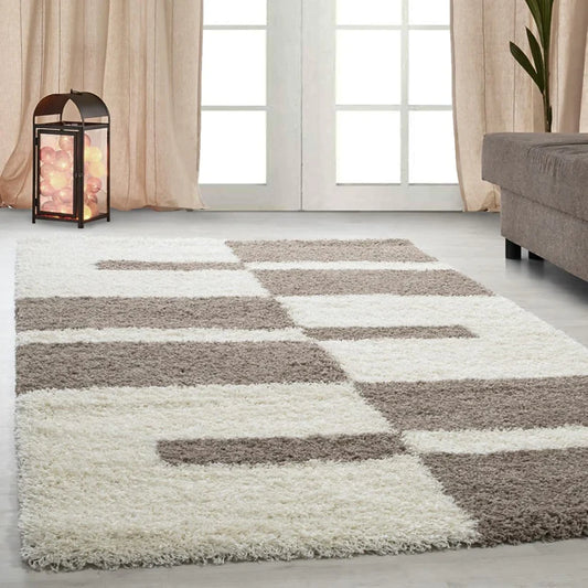 Ivory With Beige Shaggy Rug For Soft touch Microfiber Hand tufted Carpet