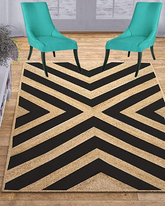 Natural & Black Cross Lines Jute Area Rug.