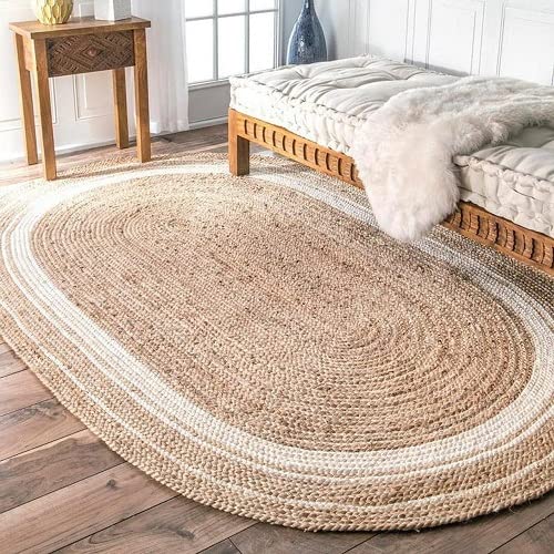 Natural & White Double Border Oval Shaped Jute Area Rug .