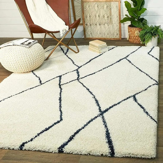 Ivory With Black lining Soft Microfiber Fluffy Rug.