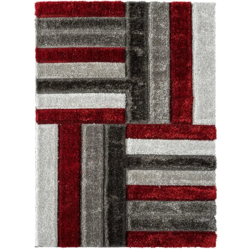 Kashyapa Rugs Collection - Red & Grey Geometric 3D Carved Design Super Soft Microfiber Modern Hand Tufted Floor Rug