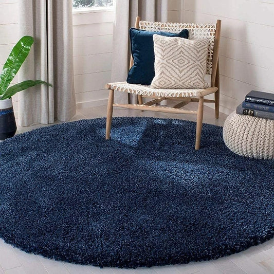 Navy Blue Plain Premium Round Shaggy Rug