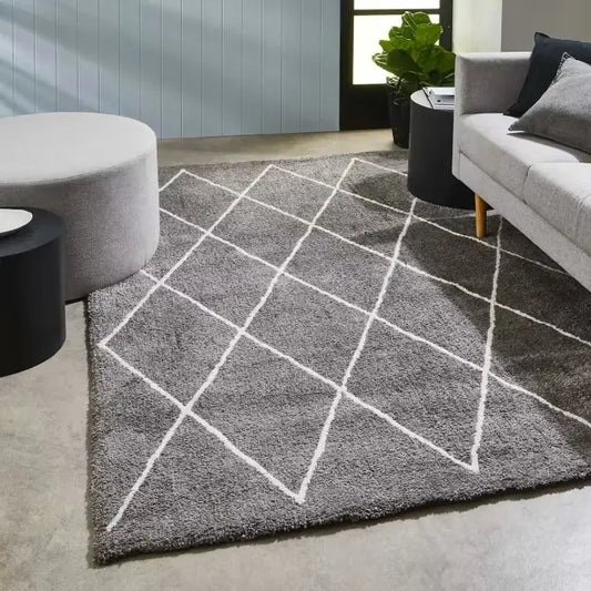 Diamond Design Shaggy Rug Grey with Ivory/ Microfiber Hand tufted Carpet