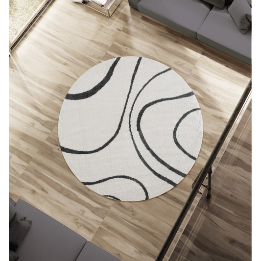 Ivory With Black Line Extra Soft Microfiber Round Carpet.