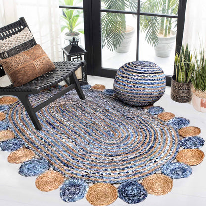 Jeans With Jute Round Tikki Oval Shaped Rug.