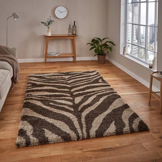 Brown With Beige Zebra Design Soft Microfiber Fluffy Rug.