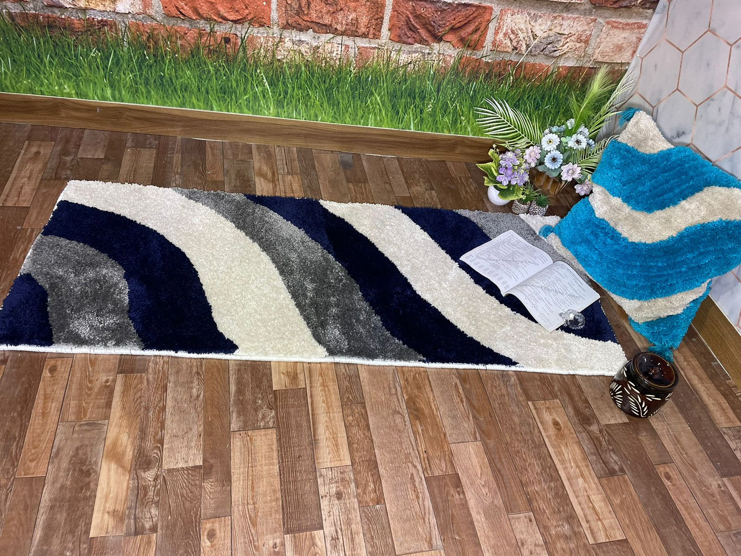 Micro Blue, Grey & Ivory Waves Kitchen & Bedside Runner Rugs