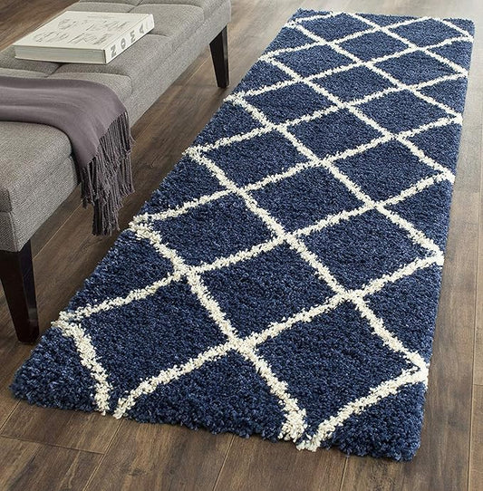 Premium Blue with Ivory Beautiful Micro Bedside Runner Shaggy Rug.