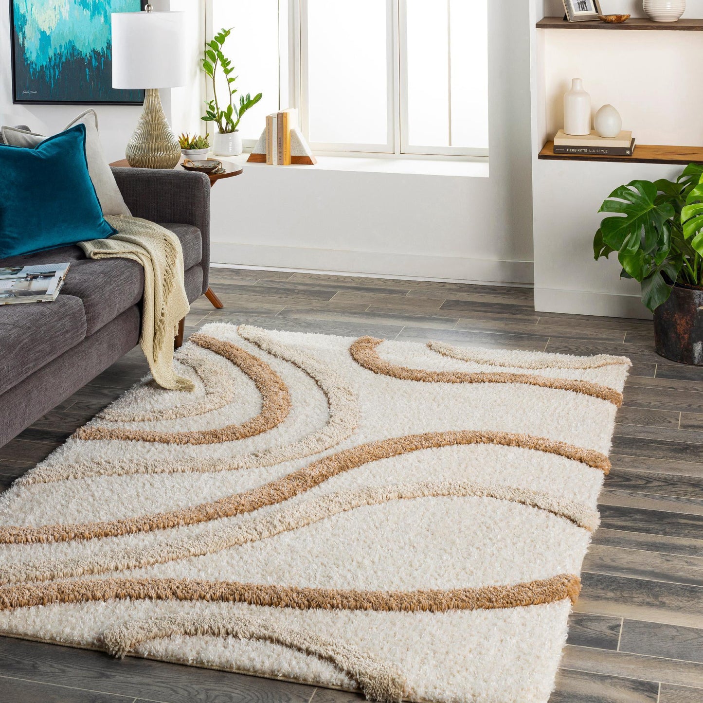 Ivory With Beige Camal Shape Shaggy Rug For Soft touch Microfiber Fluffy Hand tufted Carpet