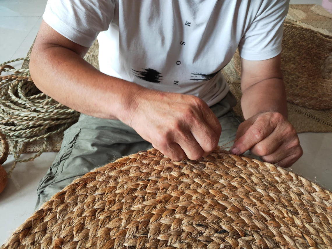 Hand Braided Jute Square Pouf.