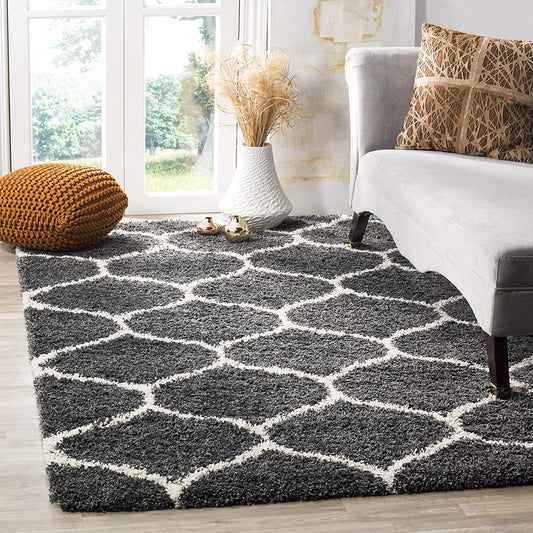 Micro Moroccan Lattice Carpet In Dark Grey And ivory.